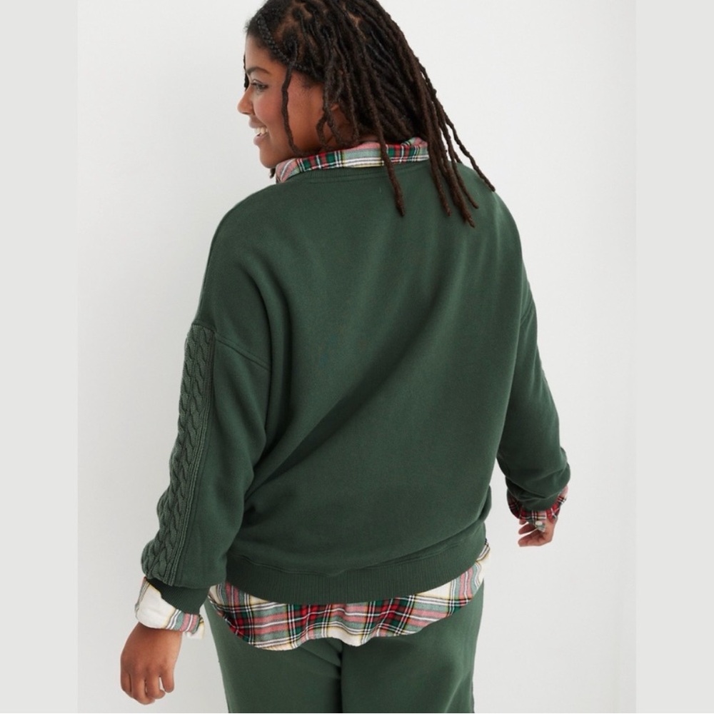 Aerie Everyday Cozy Green Sweatshirt and Sweatpants with Cable Knit Sleeves - Picture 2 of 7